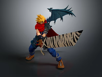 Blonde Haired Game Character With Red Scarf Black Wings And Striped Sword In Battle Stance 3d model