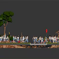 Cartoon Scene with Many People Doing Various Activities Around Pavilion Small Hut Green Trees and Grass