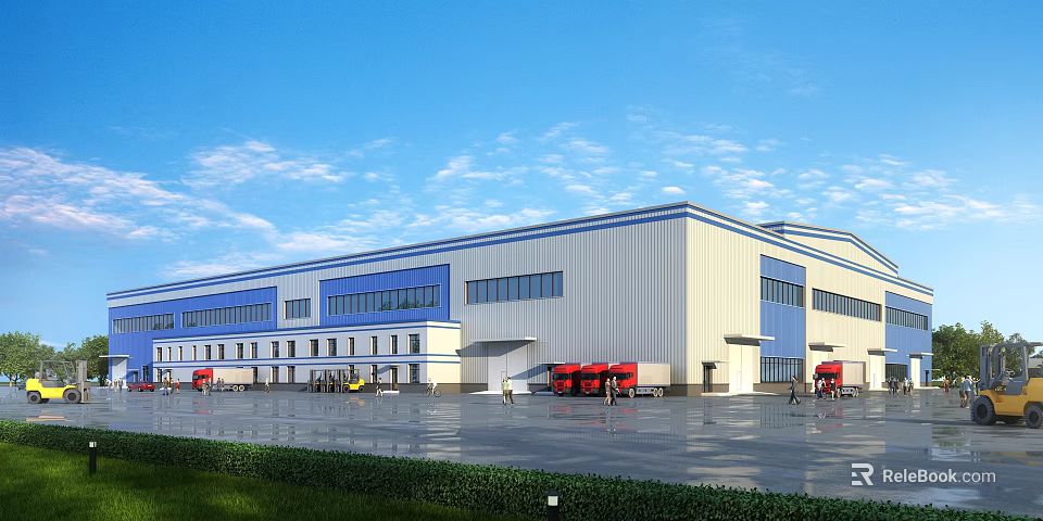 Modern Industrial Factory Building Featuring Steel Structure Blue White Exterior Large Windows And Red Trucks 3d model 