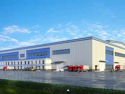 Modern Industrial Factory Building Featuring Steel Structure Blue White Exterior Large Windows And Red Trucks 3d model