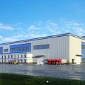 Modern Industrial Factory Building Featuring Steel Structure Blue White Exterior Large Windows And Red Trucks