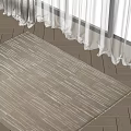 Light Beige Striped Square Rug On Wooden Floor With White Curtains And Natural Light