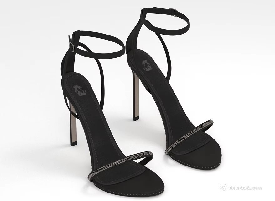 Black High Heel Sandals With Strappy Design And Diamond Studded Details 3d model 
