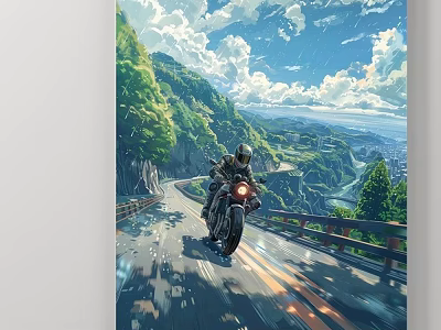 Scenic Landscape Painting With Motorcyclist Riding On Winding Mountain Road And Green Hills Blue Sky 3d model