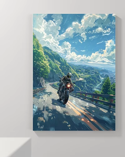 Scenic Landscape Painting With Motorcyclist Riding On Winding Mountain Road And Green Hills Blue Sky 3d model