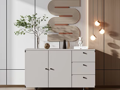 Modern White Console Cabinet With Drawers Green Plant And Hanging Lights Decor 3d model