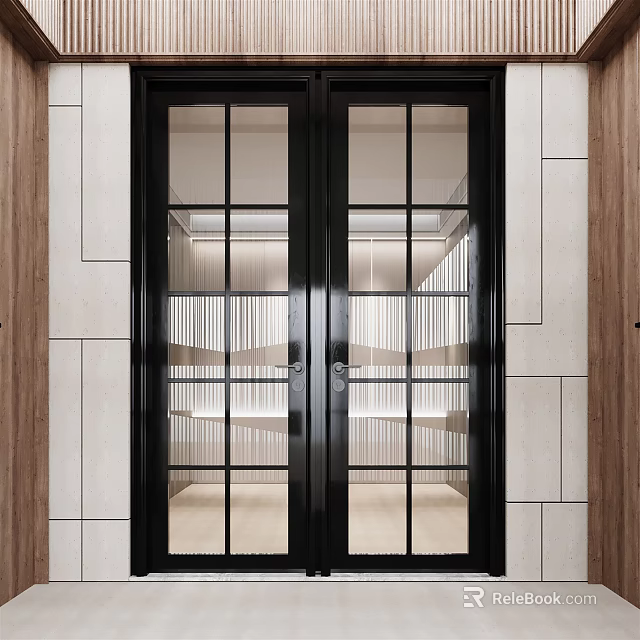 Black Framed Glass Panel Double Doors With White Tiled Walls And Wooden Accents 3d model 