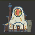 Cartoon Style Building With Blue Roof Chimney Circular Red Yellow Decoration White Gray Body