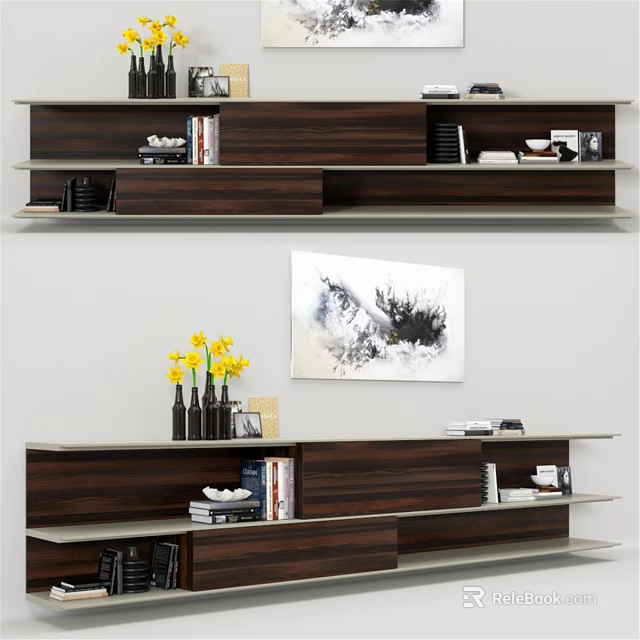 Modern Wooden Dresser With Multiple Shelves Books Vase Yellow Flowers And Artwork 3d model 