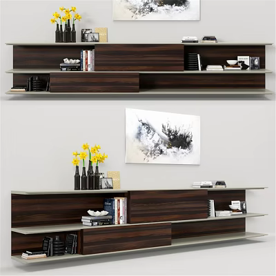 Modern Wooden Dresser With Multiple Shelves Books Vase Yellow Flowers And Artwork 3d model
