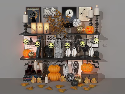 Halloween Decorative Ornaments Set With Pumpkins Ghosts Candles And Framed 3d model