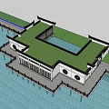 Scenic Tourist Center With Traditional Chinese Style Green Roof And Lakeside Water Lilies Surrounding Trees