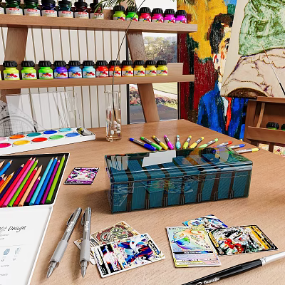 Art Supplies Decorative Set with Paint Bottles Colored Pencils Markers Palette and Storage Box 3d model