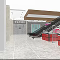 Supermarket Department Store Entrance With Storage Lockers Shopping Carts And Escalator