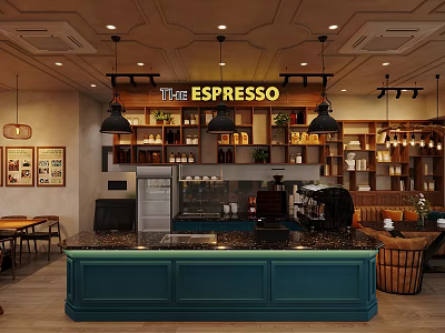Cozy Espresso Café Interior With Teal Counter Wooden Decor And Pendant Lights 3d model