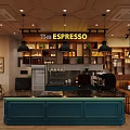 Cozy Espresso Café Interior With Teal Counter Wooden Decor And Pendant Lights