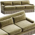 Olive Green Velvet Three Seater Sofa With Fringe Detail And Plush Cushions