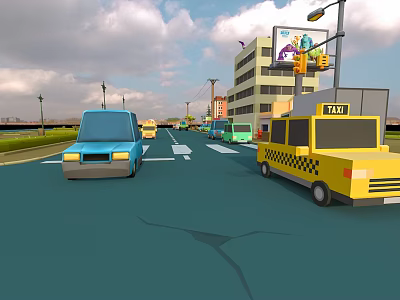 Cartoon Street Scene With Blue Van Yellow Taxi Street Lamps Billboard And Cloudy Sky 3d model