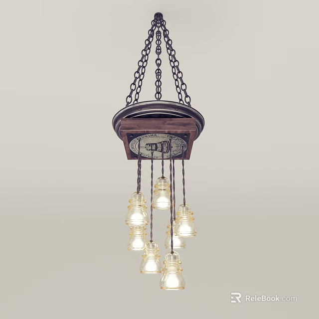 Vintage Wooden Chandelier Suspended by Chains With Multiple Glass Bulbs 3d model 