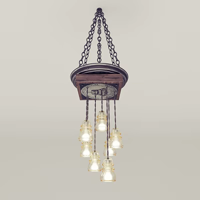 Vintage Wooden Chandelier Suspended by Chains With Multiple Glass Bulbs 3d model