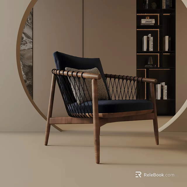 Leisure Chair with Walnut Wooden Frame Woven Armrests and Navy Blue Cushion in Modern Living Room Decor 3d model 