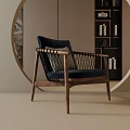 Leisure Chair with Walnut Wooden Frame Woven Armrests and Navy Blue Cushion in Modern Living Room Decor
