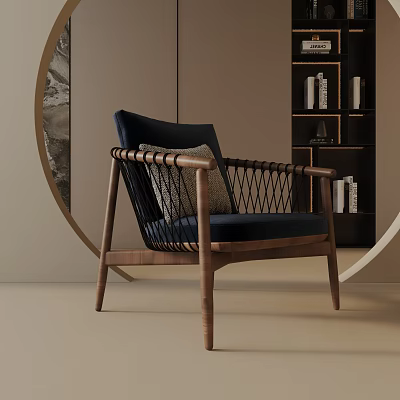Leisure Chair with Walnut Wooden Frame Woven Armrests and Navy Blue Cushion in Modern Living Room Decor 3d model
