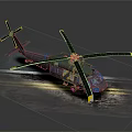 Helicopter with dark body and yellow tipped rotors parked on road with yellow double lines