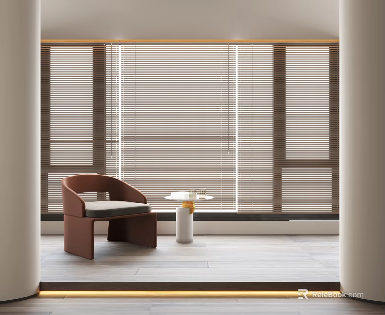 Modern Window Blinds in Elegant Living Room with Armchair and Side Table 3d model 