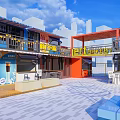 Vibrant Commercial Street With KFC Restaurant Colorful Buildings And Outdoor Seating