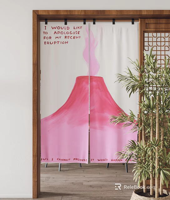 Pink Volcano Pattern Curtain With Eruption Text And Bamboo Plant Decoration 3d model 