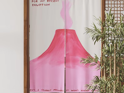 Pink Volcano Pattern Curtain With Eruption Text And Bamboo Plant Decoration 3d model