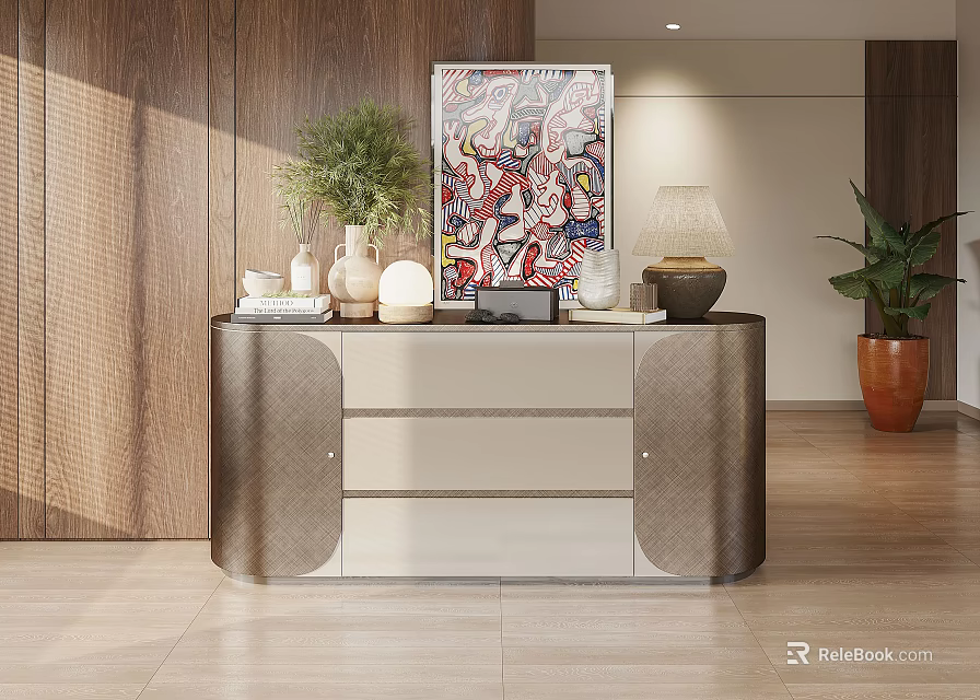 Modern Entryway Cabinet Sideboard With Metal Drawers Green Plant And Artwork 3d model 