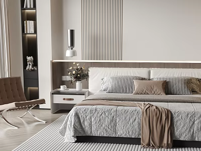 Modern Bedroom Interior With Double Bed Striped Accent Wall Nightstand Table Lamp And Area Rug 3d model