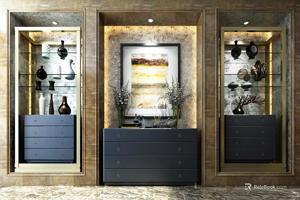 Stylish Entryway Console And Side Cabinets With Framed Artwork Glass Shelves And Decorative Vases 3d model 