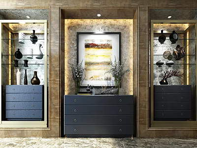 Stylish Entryway Console And Side Cabinets With Framed Artwork Glass Shelves And Decorative Vases 3d model