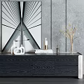 Modern Wooden TV Stand With Table Lamp Figurines Vase And Abstract Wall Art