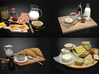 Delicious Food Collection With Cheese Croissants Coffee Milk And Bacon Slices 3d model