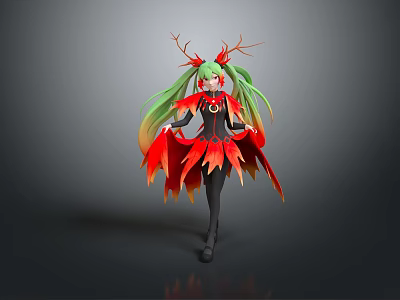 Fantasy Character with Green Hair Red Antlers and Orange Flame Cape in Black Outfit 3d model