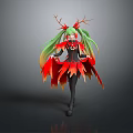 Fantasy Character with Green Hair Red Antlers and Orange Flame Cape in Black Outfit
