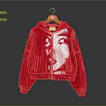 Red Cropped Hoodie With Oversized Sleeves White Graphic Print And Zipper