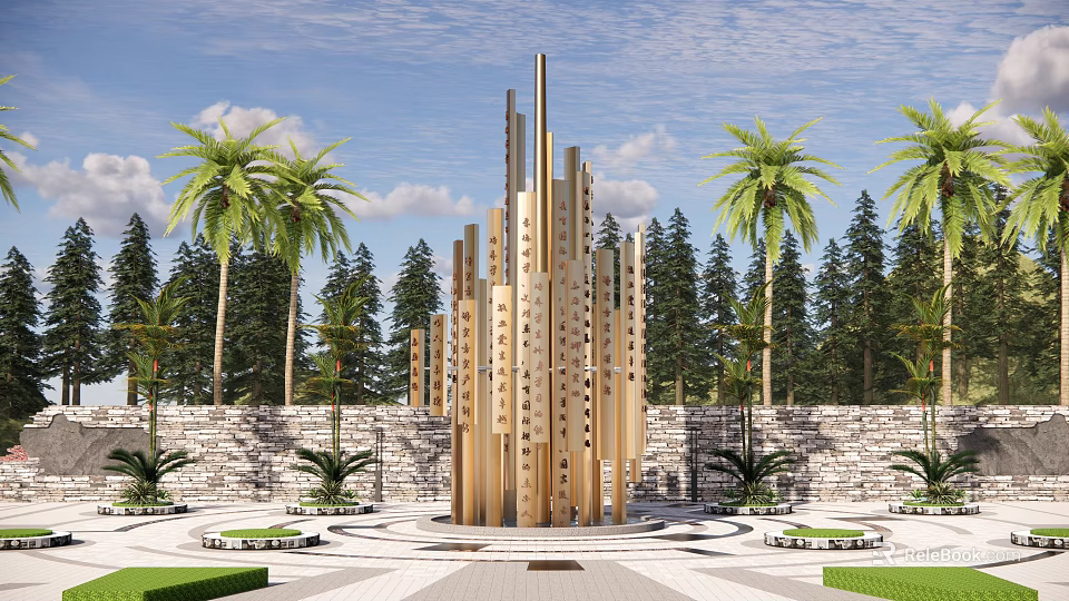 Golden Tall Sculpture with Palm Trees Pine Trees Stone Wall and Circular Pavement 3d model 