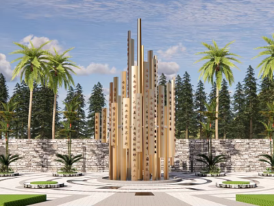 Golden Tall Sculpture with Palm Trees Pine Trees Stone Wall and Circular Pavement 3d model