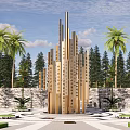 Golden Tall Sculpture with Palm Trees Pine Trees Stone Wall and Circular Pavement