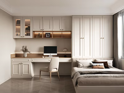 Modern Minimalist Tatami Bedroom Interior With White Cabinets Writing Desk Computer Chair And Cozy Bed 3d model