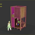 Wooden Multi Layer Storage Structure With Louvered Panels And Small Figure Holding Green Items
