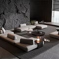 Modern Sofa Coffee Table Set In Living Room With Stone Wall Floor Lamp And Rug