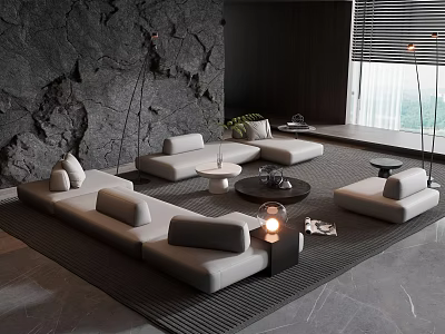 Modern Sofa Coffee Table Set In Living Room With Stone Wall Floor Lamp And Rug 3d model