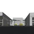 Modern Cultural Center Building with Sleek Glass Facade and Landscaped Greenery Area