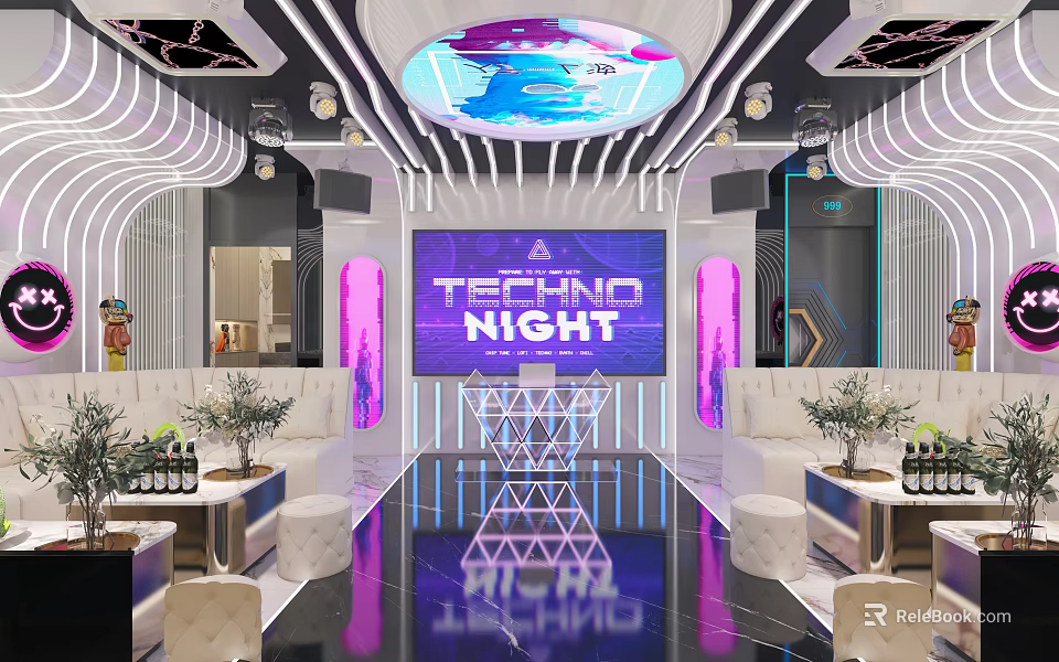Techno Night Club Interior With Circular Ceiling Purple Lighting Plants And Sofas 3d model